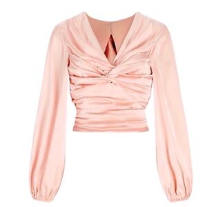 NWT Express Satin Ruched Twist Front Open Back/Bow Side Zip Blouse Top Peach S